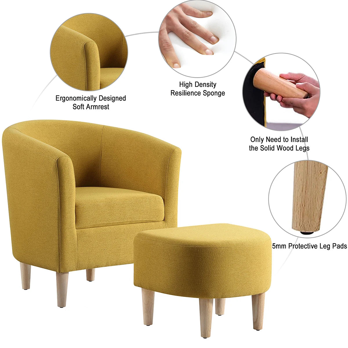 Bucket Chair Snuggle Boucle Arm Chair with Footstool for Bedroom Single Sofa Comfy Accent Tub Chairs Armchair for Livng Room