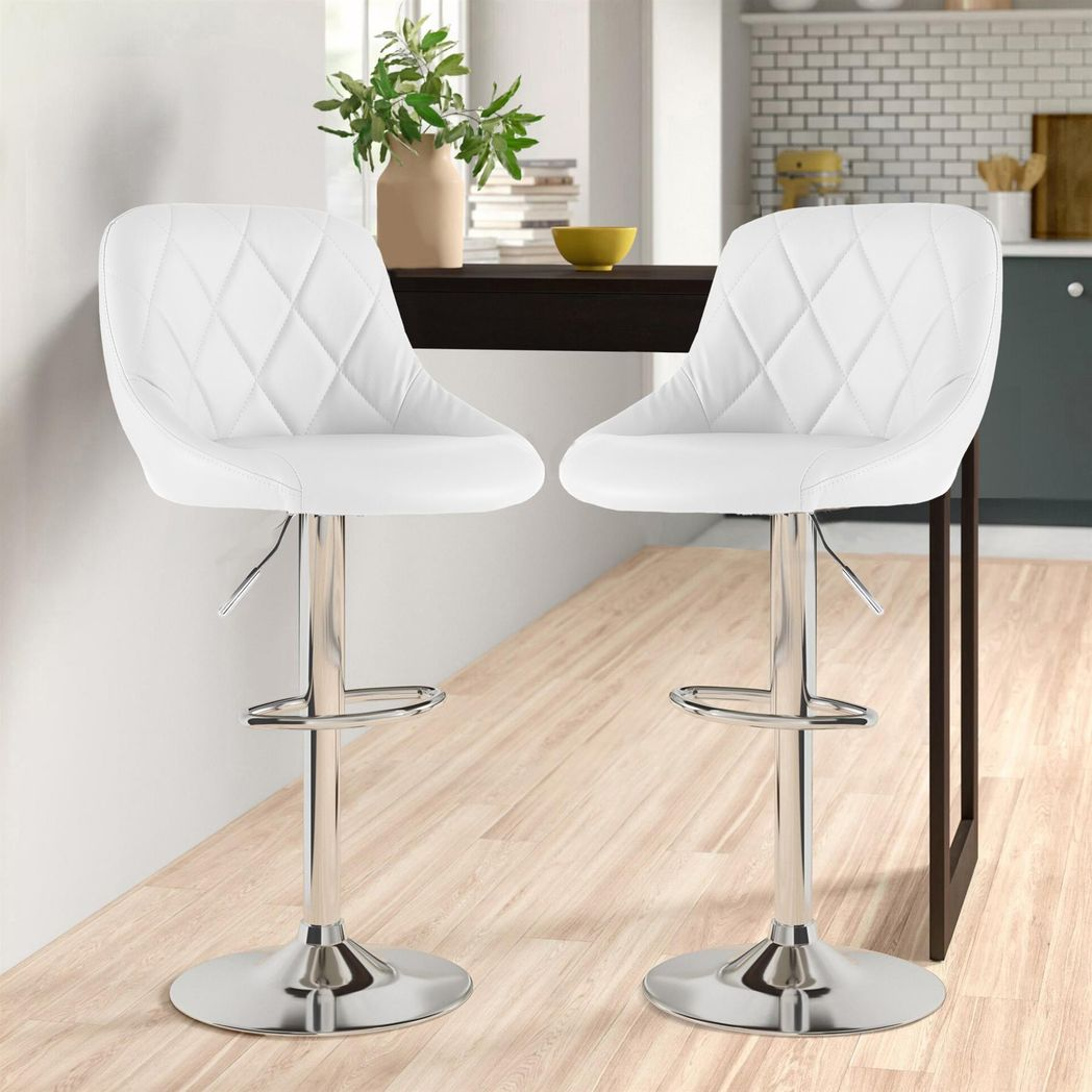 Neo Adjustable Chrome & White Leather Bar Stools - Set of 2