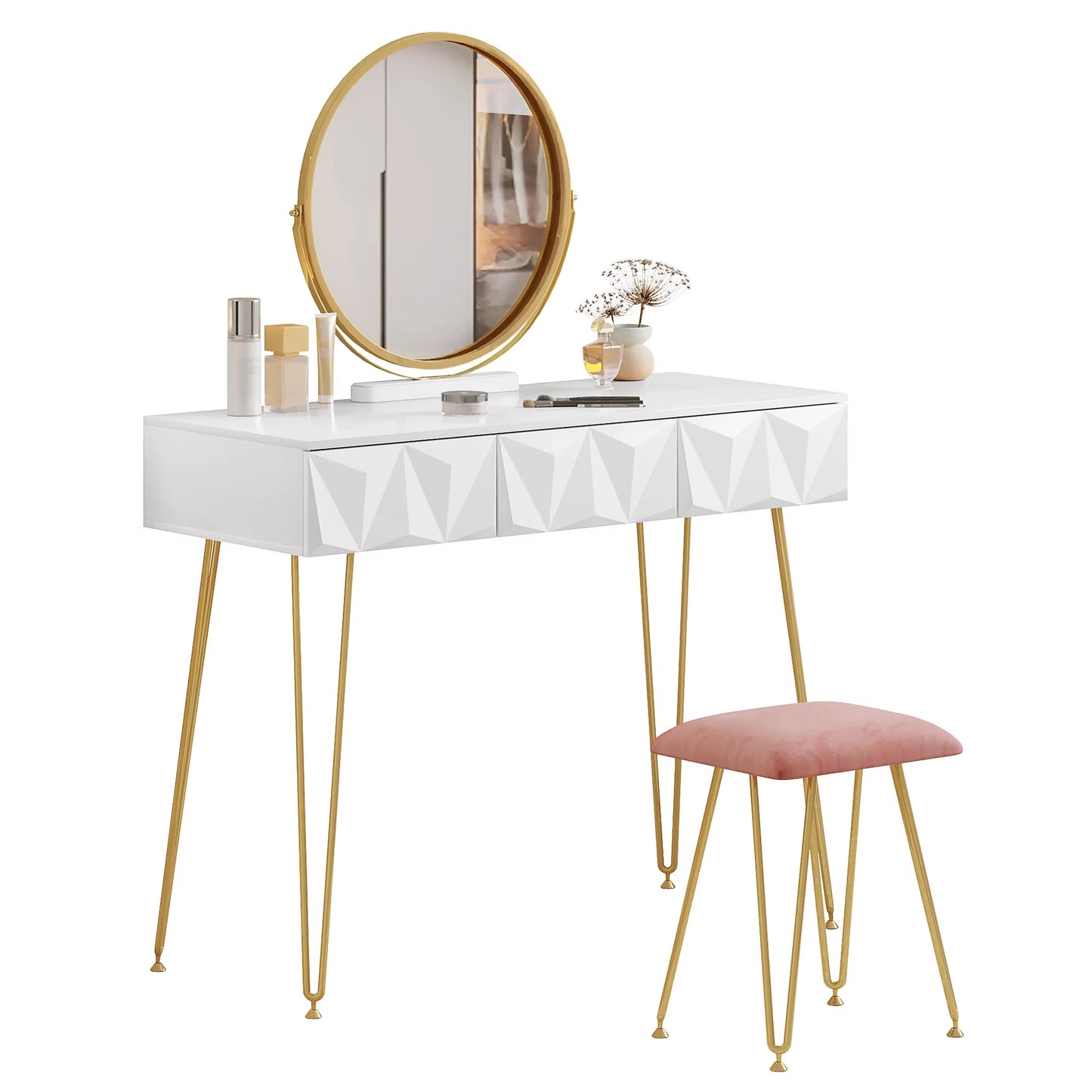 1SET White Gold Dressing Table with 360° Swivel Mirror 3D Effect Velvet Stool Cosmetic Makeup Dressers for Bedroom