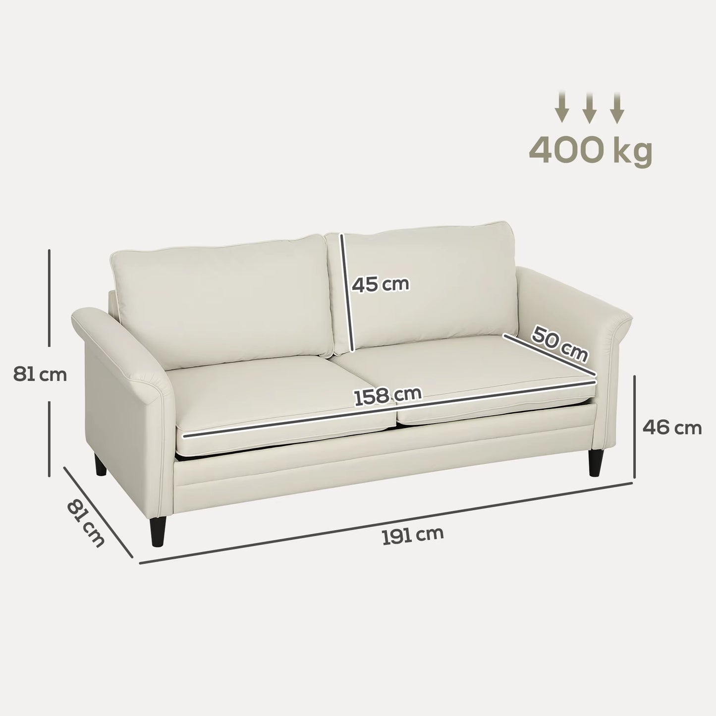 Modern 3 Seater Sofa for Living Room, Fabric Couch Settee, Cream