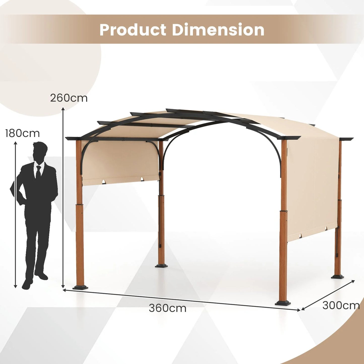 300 X 360 Cm Retractable Pergola Arched Patio Pergola with Sun Shade Canopy