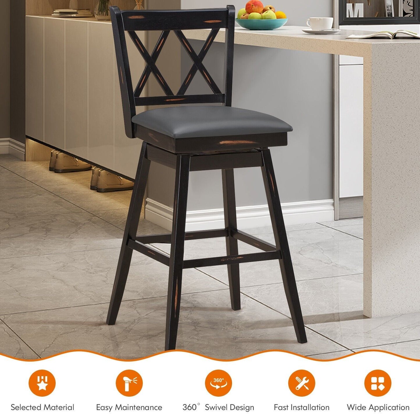 Set of 2 Counter Height Bar Stool with Foot Rest Upholstered Cushion