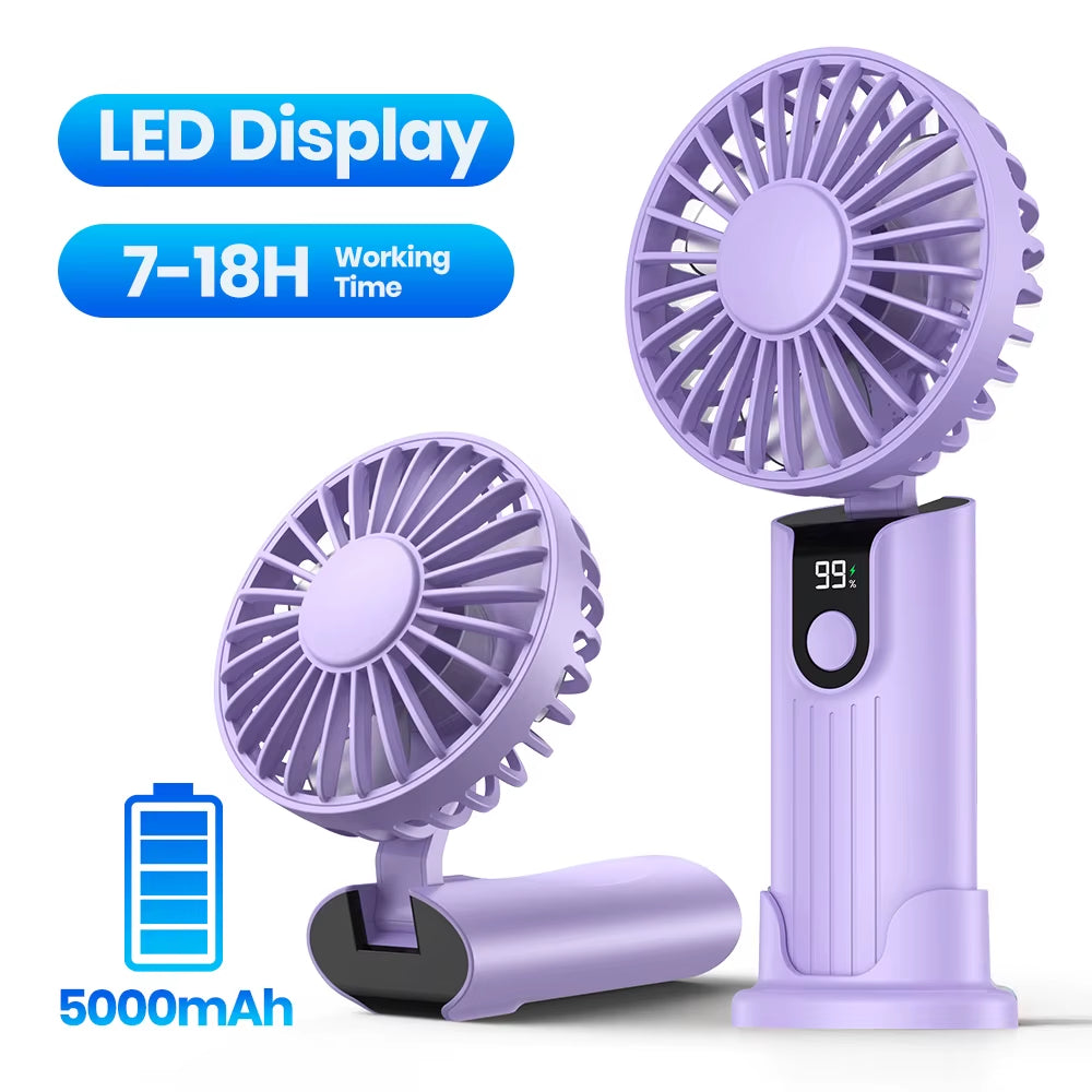Portable Handheld Fan 5000Mah USB Rechargeable Foldable Fan 3 in 1 Personal Travel Fan with Digital Display Desk Fan