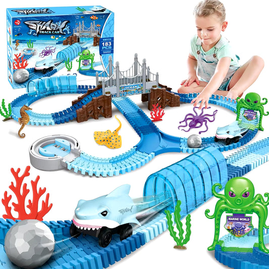 Shark Race Car Track Set - Bendable Flexible Racetrack for Kids 3+ | STEM Ocean Train Toy for Boys & Girls