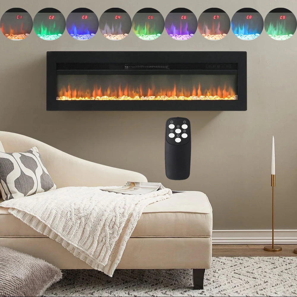 Stunning 70-Inch Black LED Electric Wall Fireplace with 9 Vibrant Flame Colors and Versatile Freestanding Legs