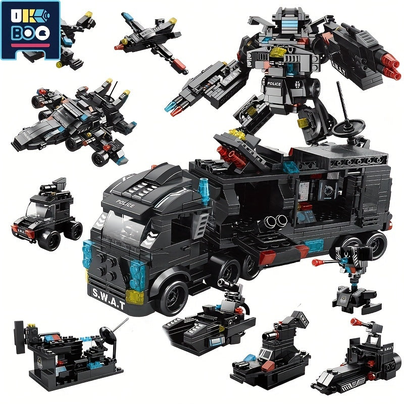 8 In 1 City Series Building Blocks 3 Changes SWAT Station Assembled Car City Machine Helicopter Robot Toys For Children