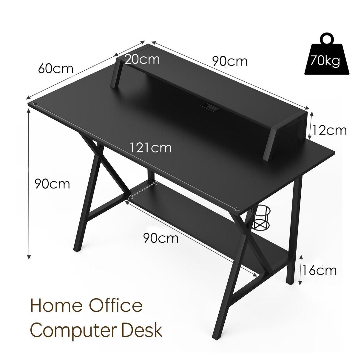 Ergonomic Gaming Computer Desk with Cup Holder and Monitor Riser