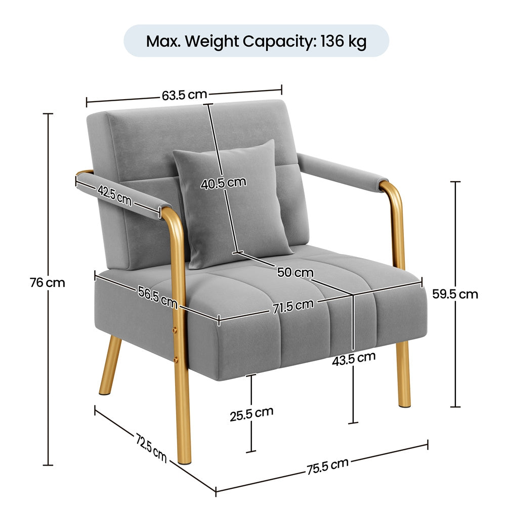 Accent Chair, 75.5 cm Wide Velvet Upholstered Accent Bedroom Chair with Gold Metal Frame & Cosy Pillow, Modern Design