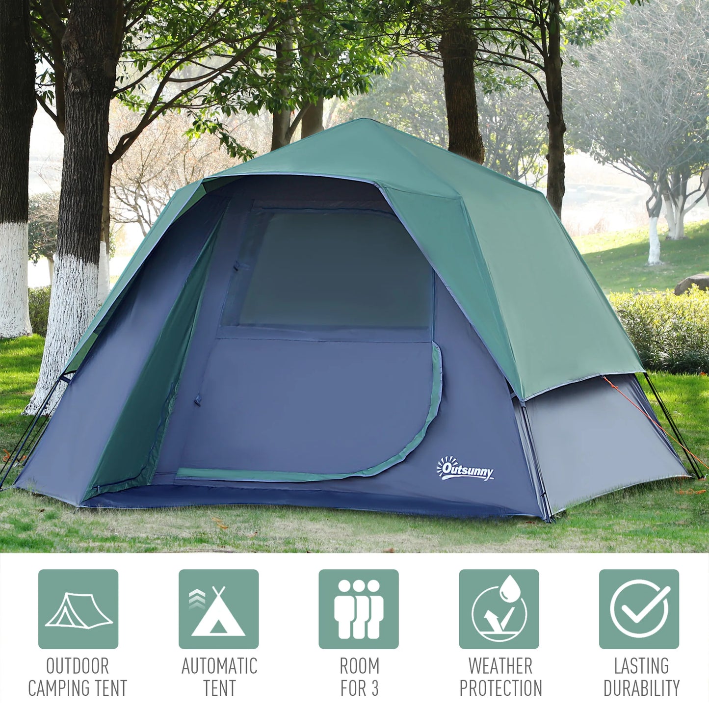 3-4 Person Pop-Up Camping Tent Family Travel Portable Double Layer Olive Green