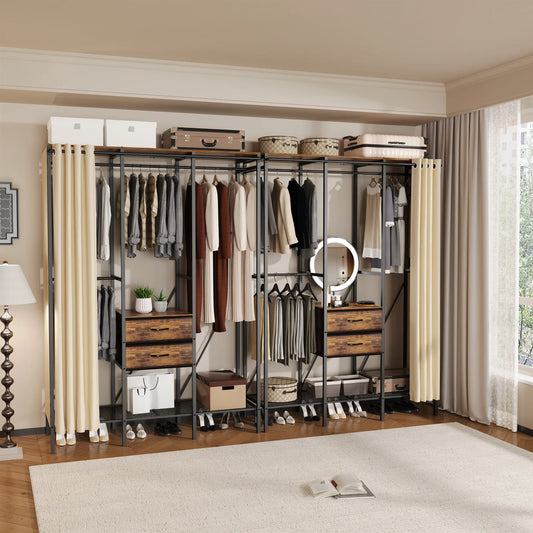 XXL Large Industrial Coat Rack Stand Open Wardrobe Clothes Rail with 2 Drawer and Shelves Bedroom Storage Hanging Bar