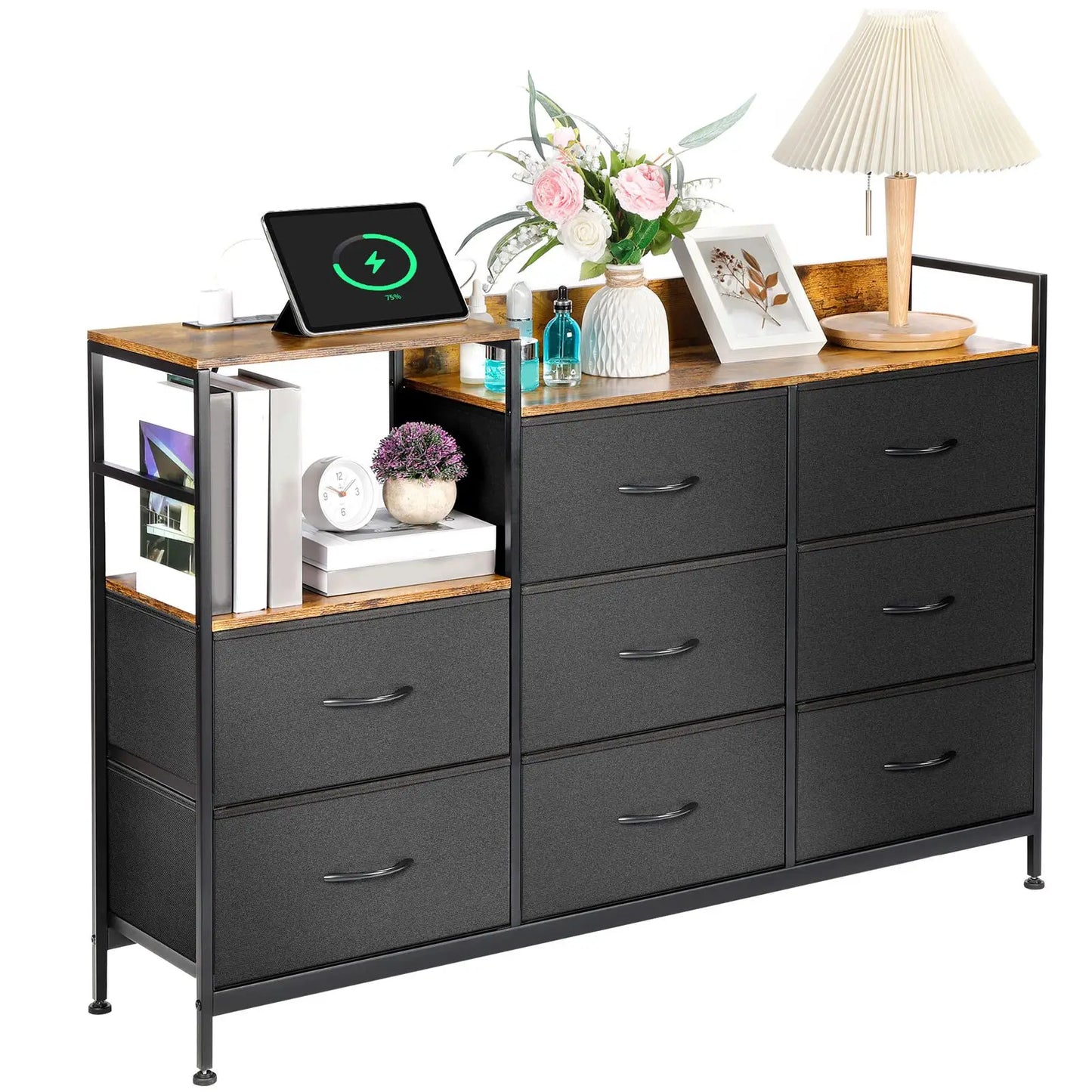 Brown Multi-Purpose Organizer Storage Cabinet with 8 Fabric Drawers & Open Shelf