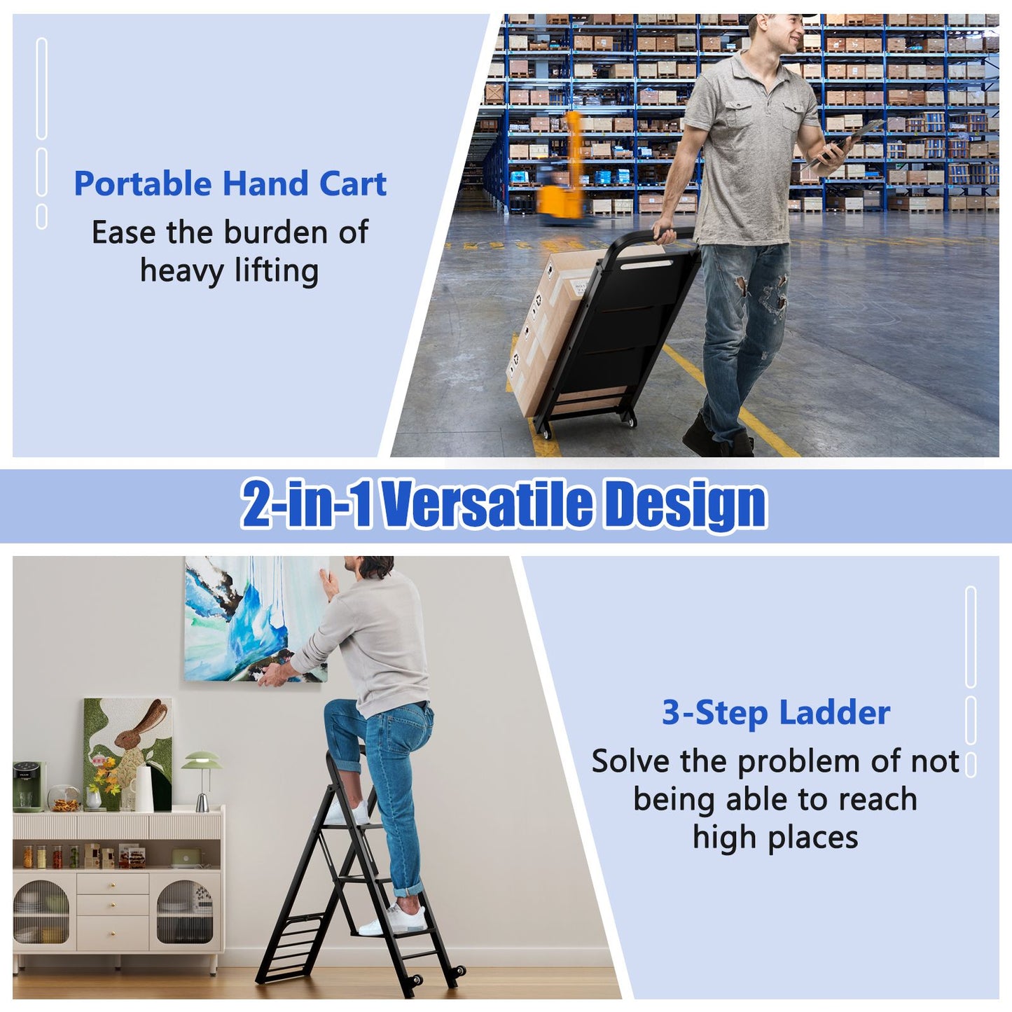 2-In-1 Hand Truck and Ladder Foldable 3-Step Ladder with Non-Slip Wide Pedals