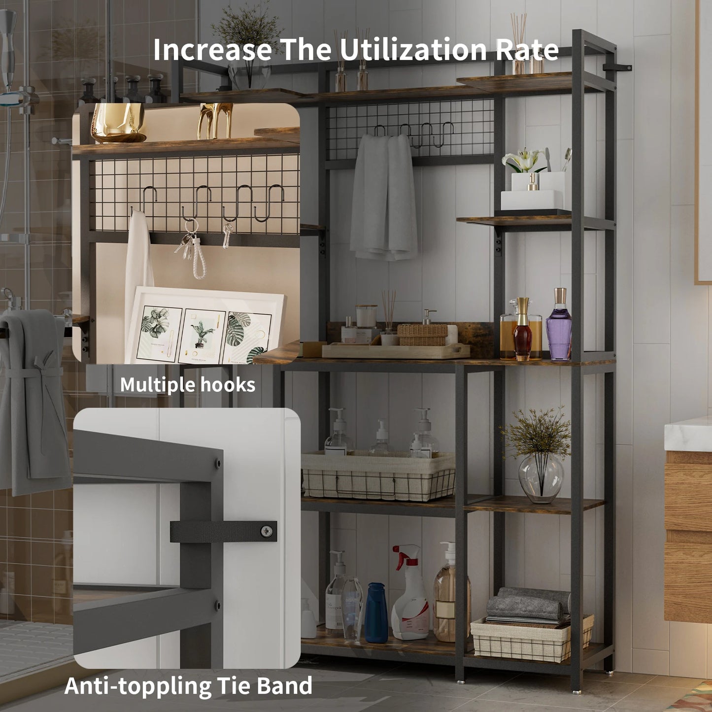 Stylish 5-Tier Industrial Baker's Rack - Perfect Kitchen Storage for Spices, Pots, and Pans with Hooks and Shelves