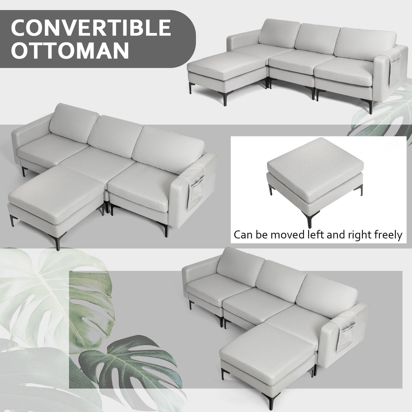 Stylish Modular L-Shaped Sofa with Reversible Ottoman & Convenient Built-In Socket