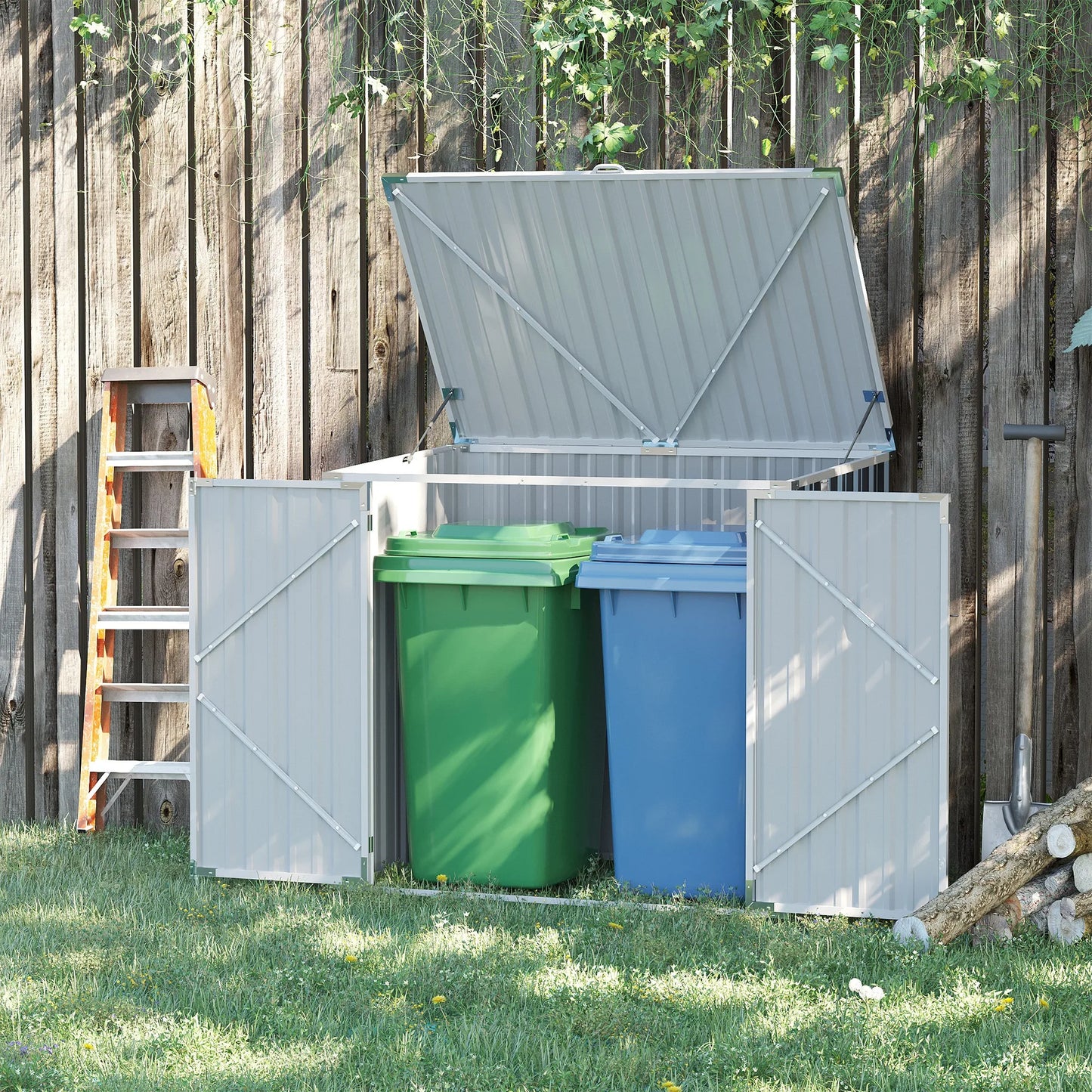 5ft x 3ft Garden 2-Bin Steel Storage Shed with Double Locking Doors and Openable Lid