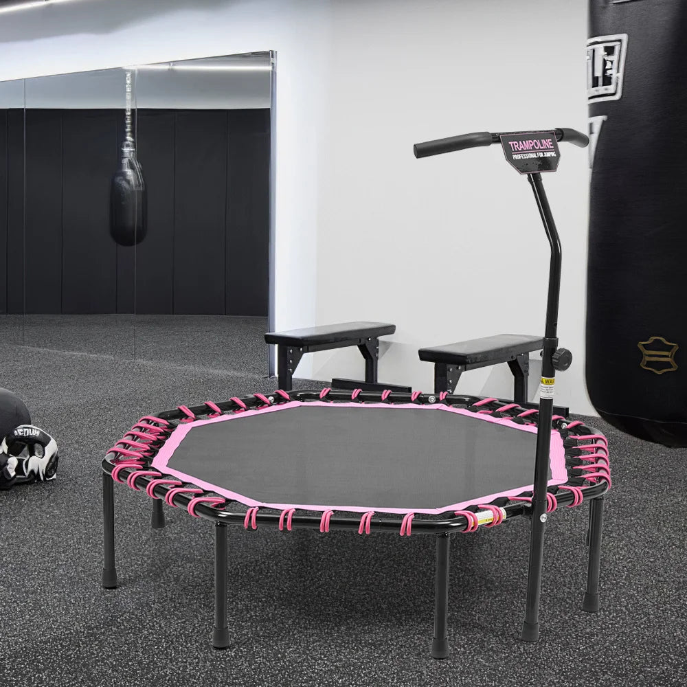 51 Inch Black Pink Octagonal Garden Trampoline Fitness Trampoline with Adjustable T-Bar Handle for Kids Adults
