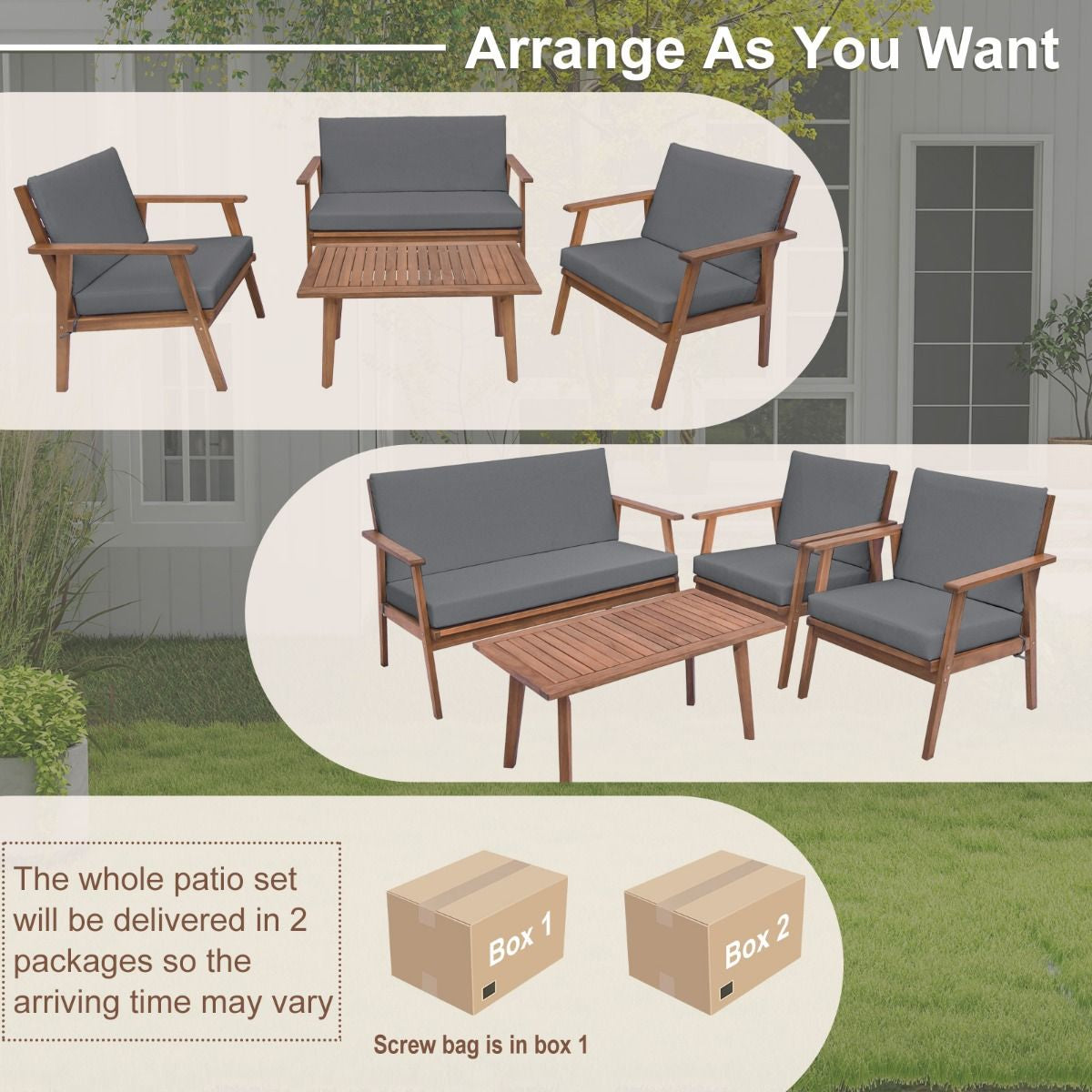 4 Piece Outdoor Conversation Set with Soft Seat and Back Cushions