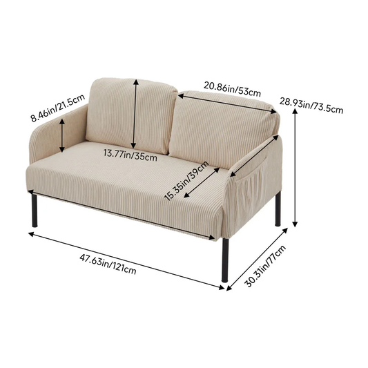 2-Seat Beige White Corduroy Sofa with Armrests and Wood Legs for Living Room, Bedroom