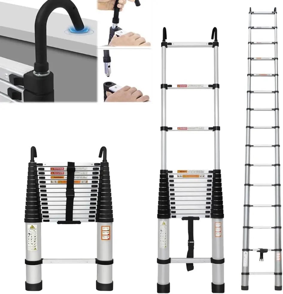 6.2M/20.3FT Heavy Duty Telescopic Ladders with Hooks 14 Steps for Multi-Purpose Indoor Outdoor Work