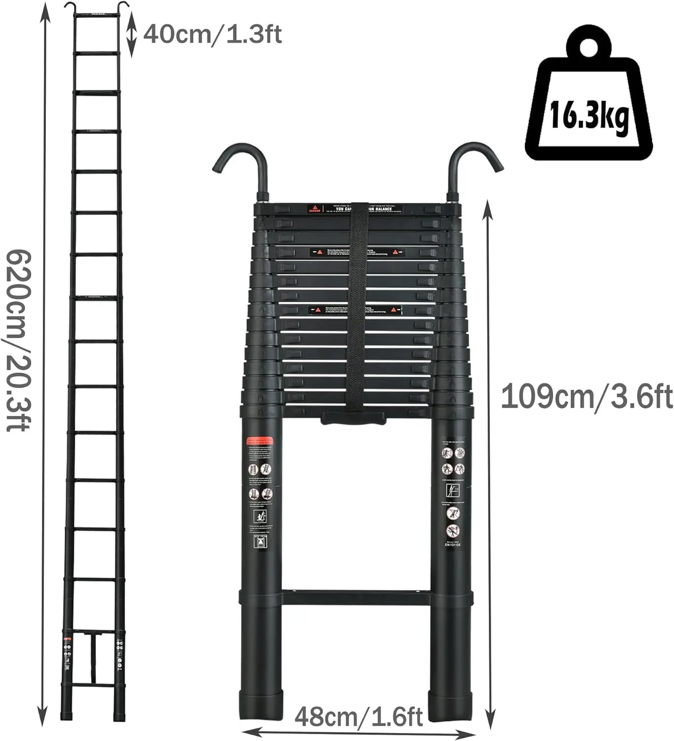 6.2M/20.3FT Heavy Duty Telescopic Ladders with Hooks 14 Steps for Multi-Purpose Indoor Outdoor Work