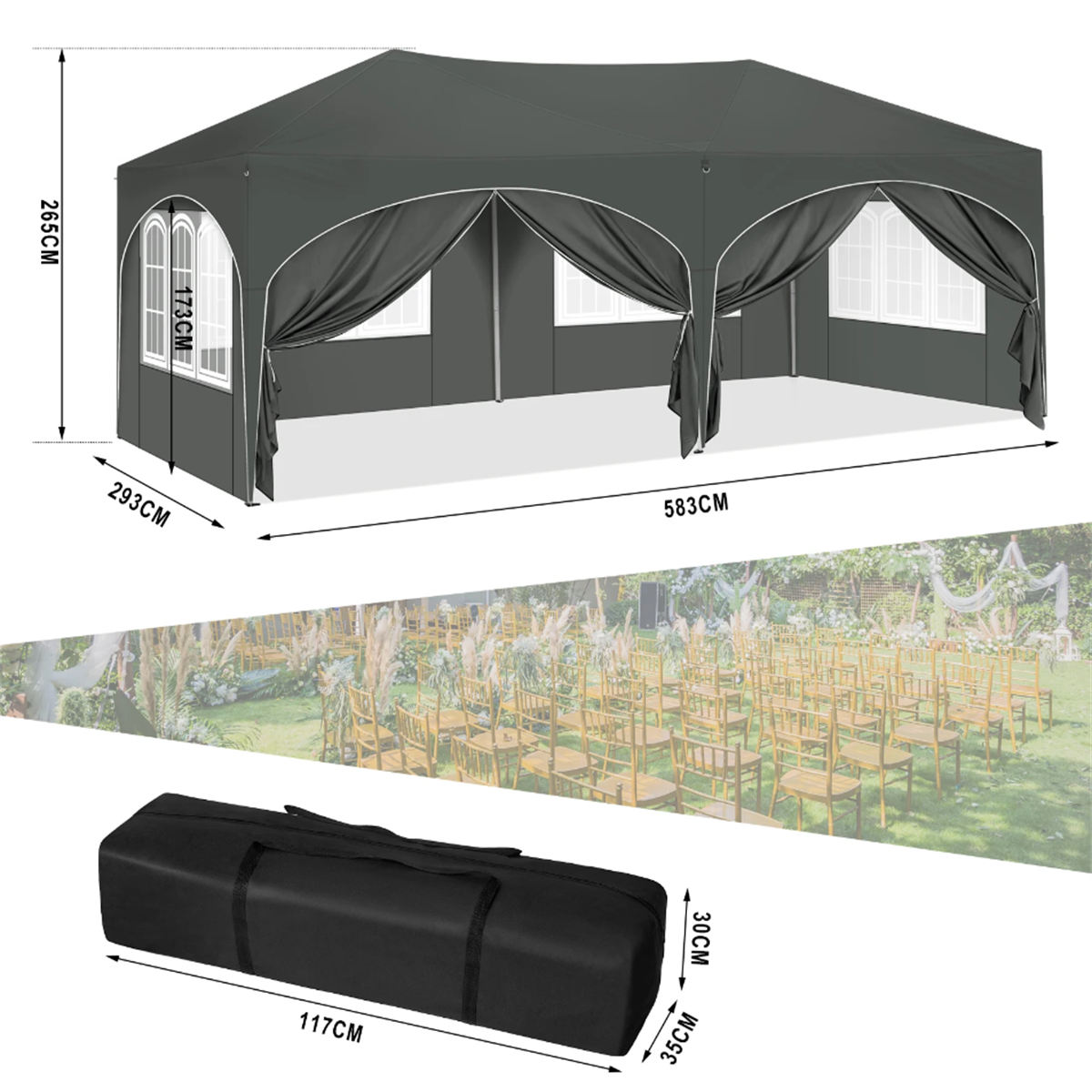 Durable 3x6m Grey Party Tent – Waterproof & UV-Resistant with Instant Setup