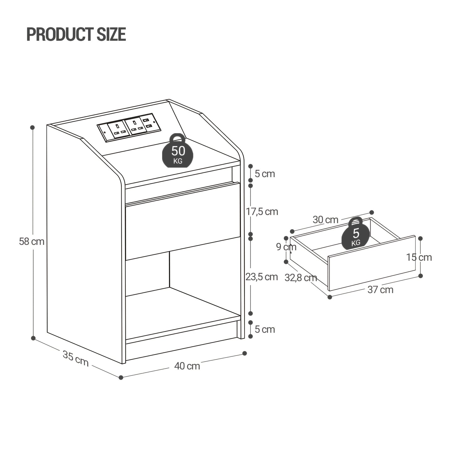 Bedside Table with LED Light - Side Table with Charging Station, 1 Storage Drawer Bedside Table