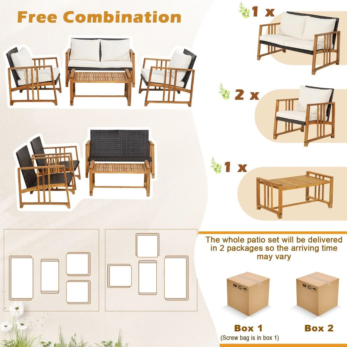 Outdoor Mix Brown Rattan Set with Acacia Wood Frame and Back Cushions