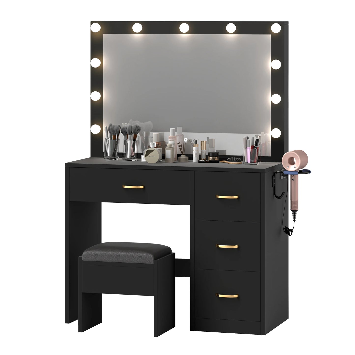 Black Dressing Table - LED Vanity Desk with Adjustable Mirror, 4 Drawers & Power Outlet, 90X40X136Cm