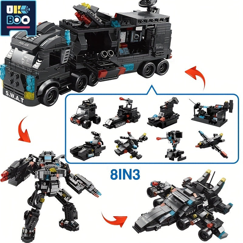 8 In 1 City Series Building Blocks 3 Changes SWAT Station Assembled Car City Machine Helicopter Robot Toys For Children