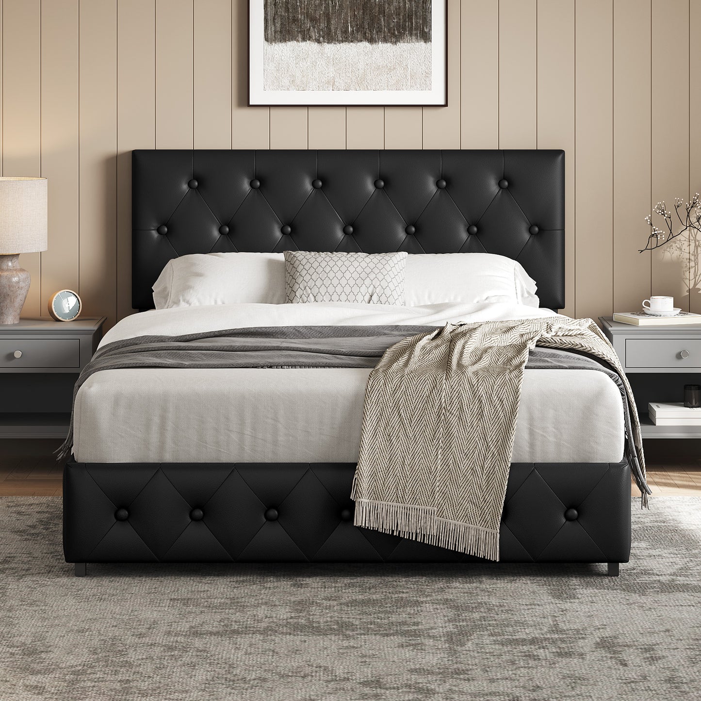 Upholstered Bed Frame with Large Pull-Out Drawers Storage & Height-Adjustable Headboard, Faux Leather