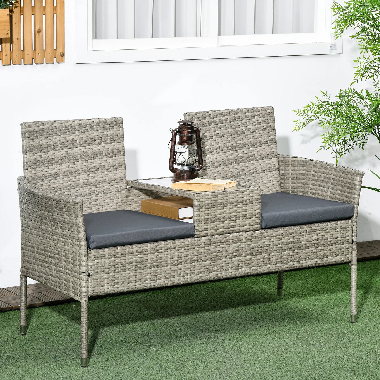 2-Seater Rattan Garden Bench with Glass Tea Table in Mixed Grey