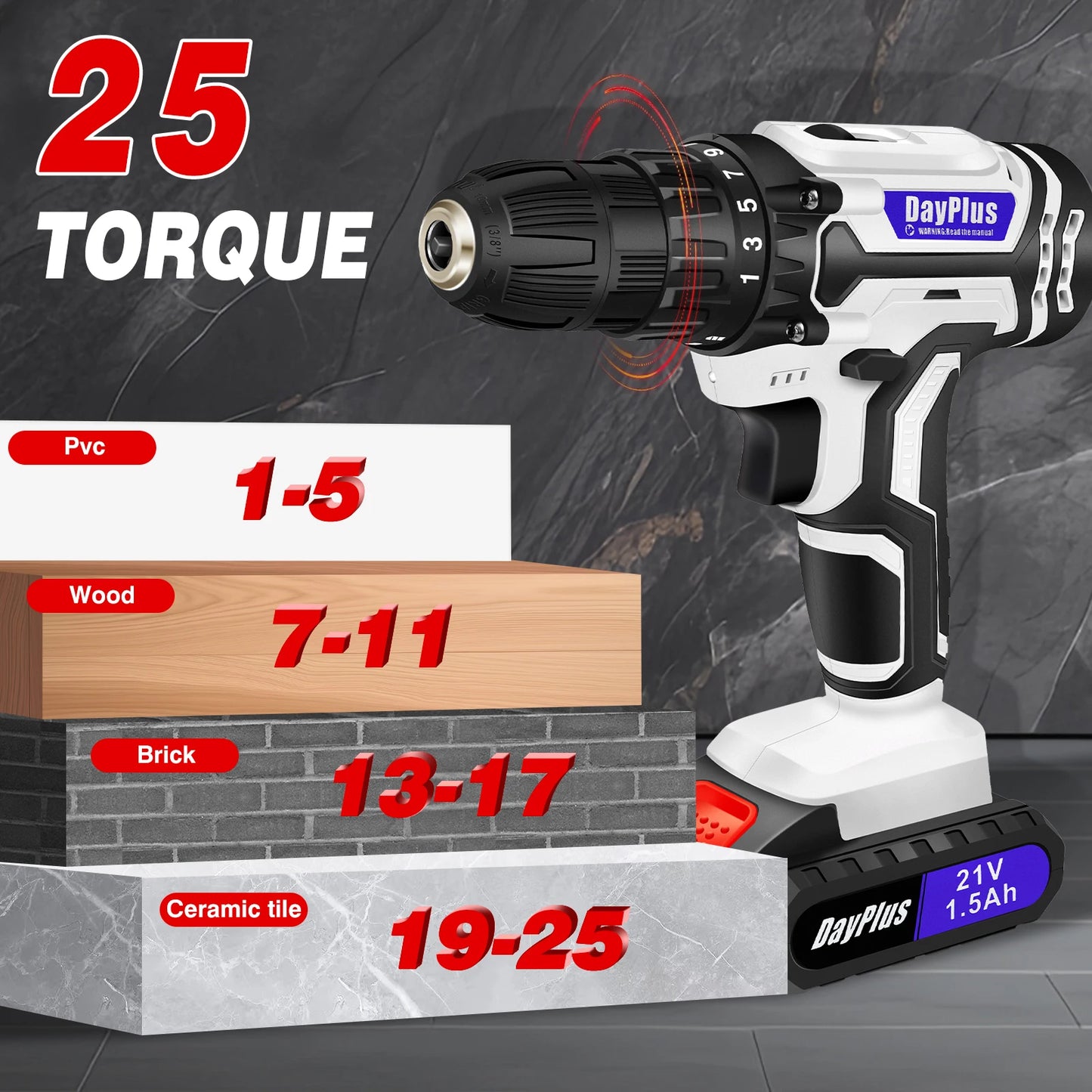 Powerful 21V Cordless Impact Drill Set - 25+1 Torque Settings, 1500mAh Rechargeable Battery, 45N.M Torque