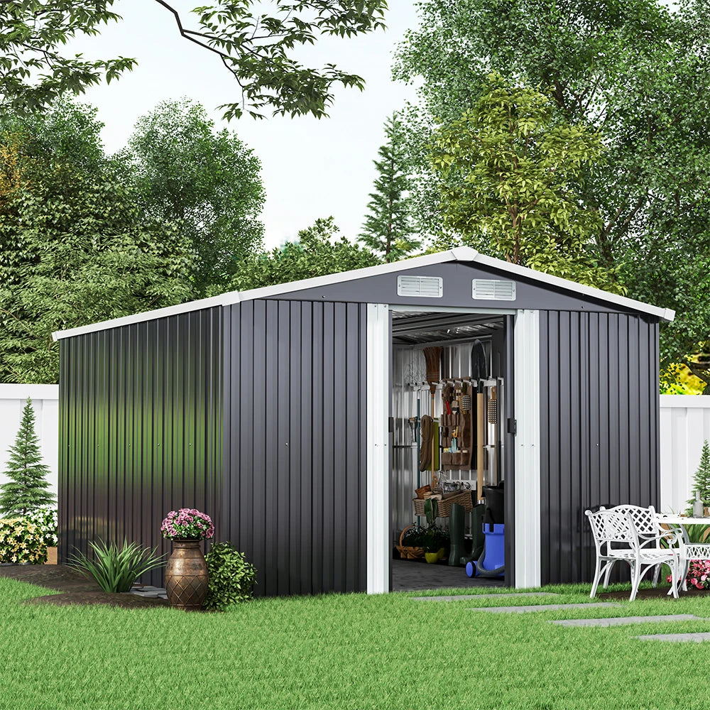 【】10 X 8 FT Black Outdoor Storage Shed, Metal Large Shed Garden with Air Vent, 2 Slide Door
