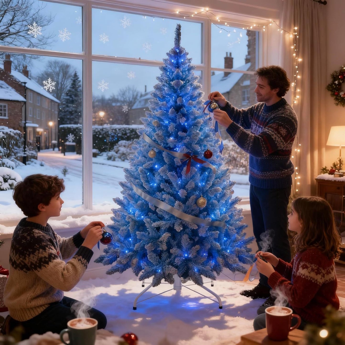 4Ft-8Ft Christmas Tree Prelit Flocked Blue LED Lights Multifunction, Snow Dusted Artificial Pine Foldable Metal Stand Tips Hinged Branches