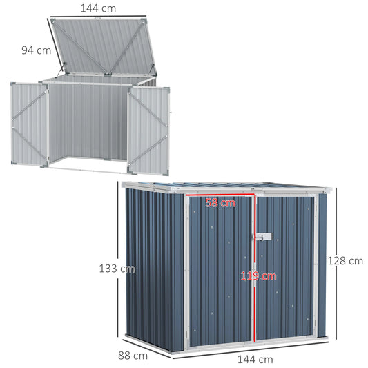 5ft x 3ft Garden 2-Bin Steel Storage Shed with Double Locking Doors and Openable Lid
