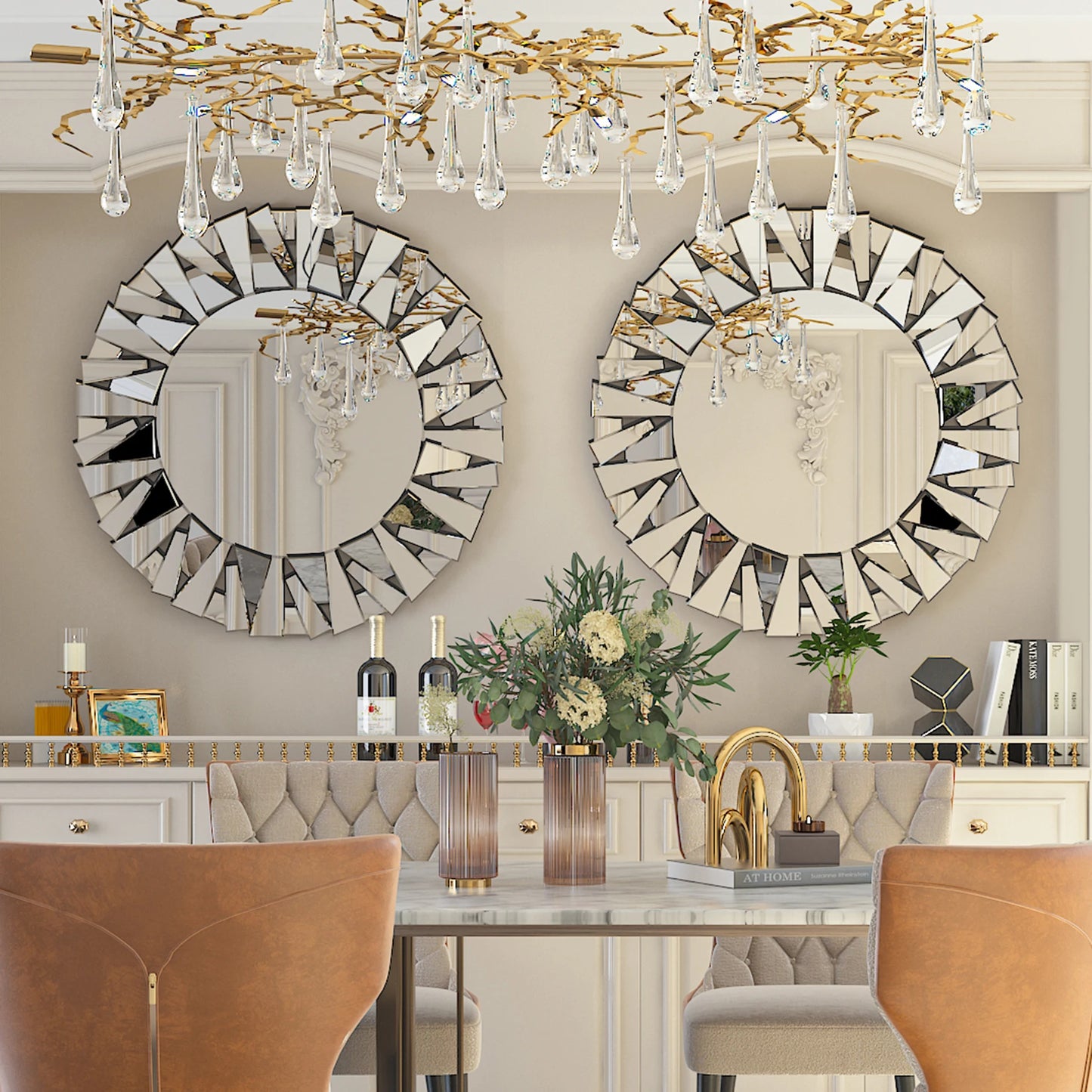 32" Wall Mirrors Decorative round Sunburst Mirror for Wall Decor Modern Silver Glass Wall-Mounted Beveled Hanging Circle Accents
