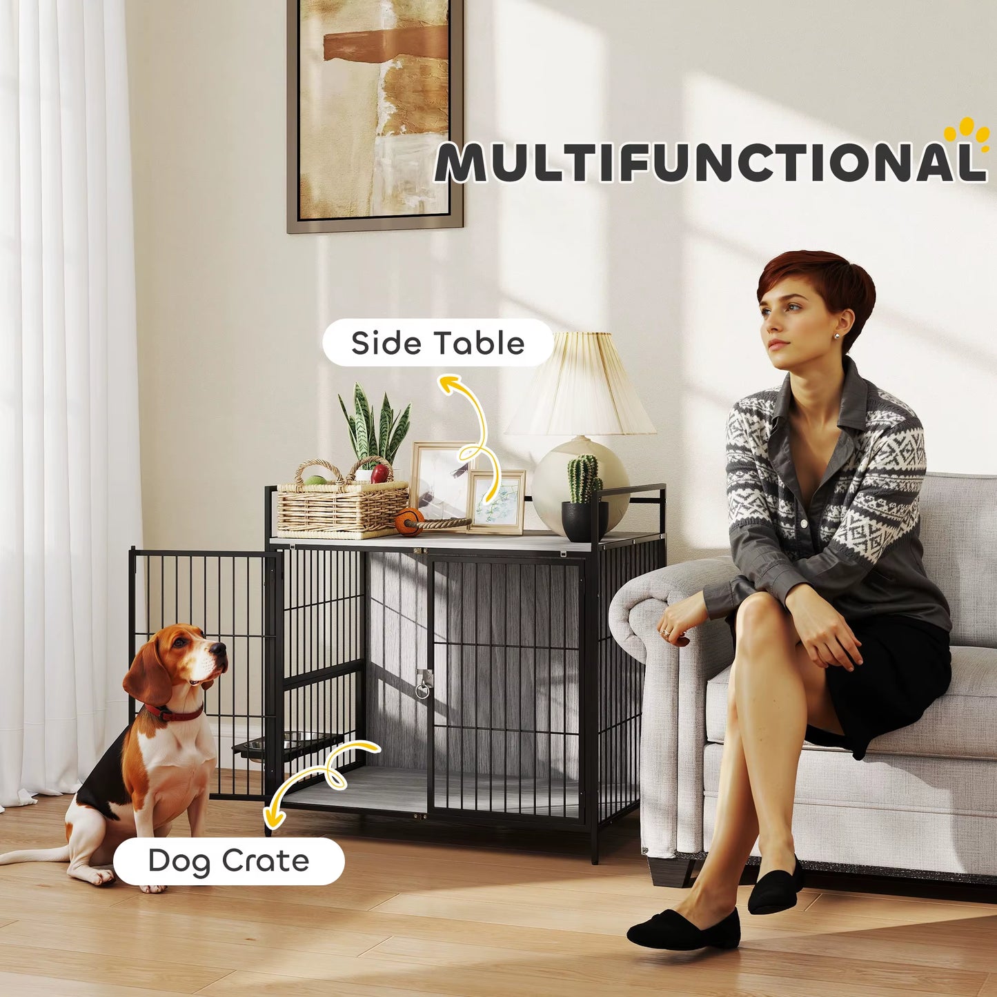 Dog Crate Furniture with Rotating Bowl Holder for Medium Dogs, Grey