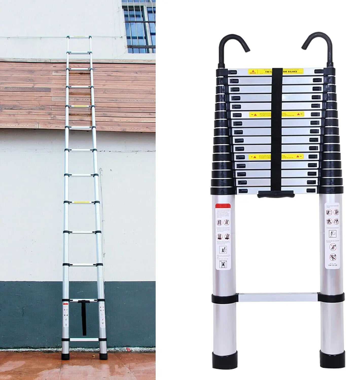 Telescopic Ladder 6.2M/20.3FT W/Detachable Hooks&Extendable Steps,Folding Tall Loft Collapsibleladder with Non-Slip Feet