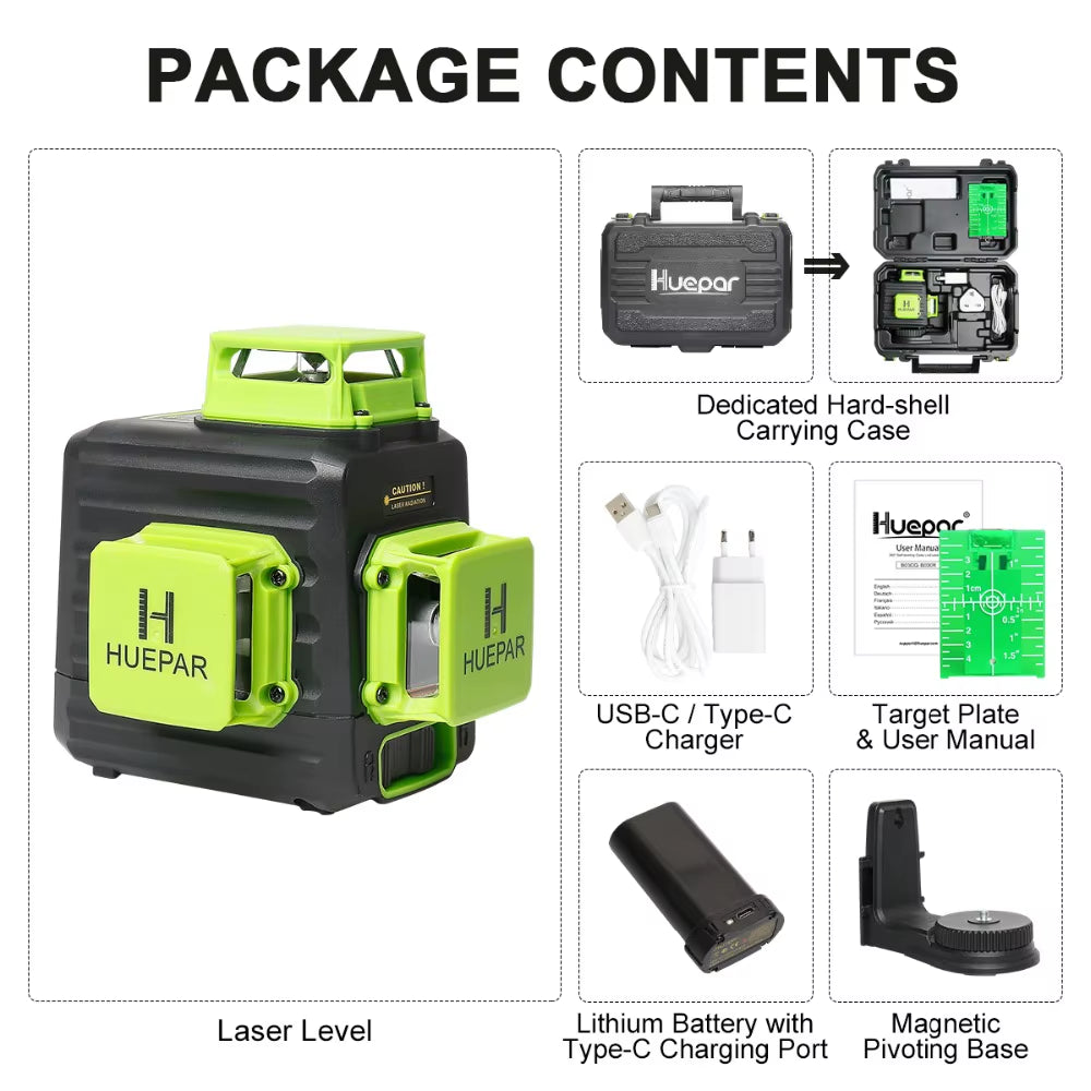 B03CG 12 Lines Laser Level 3D Self Leveling High Brightness Green Horizontal and Vertical Cross Line Laser with Hard Case