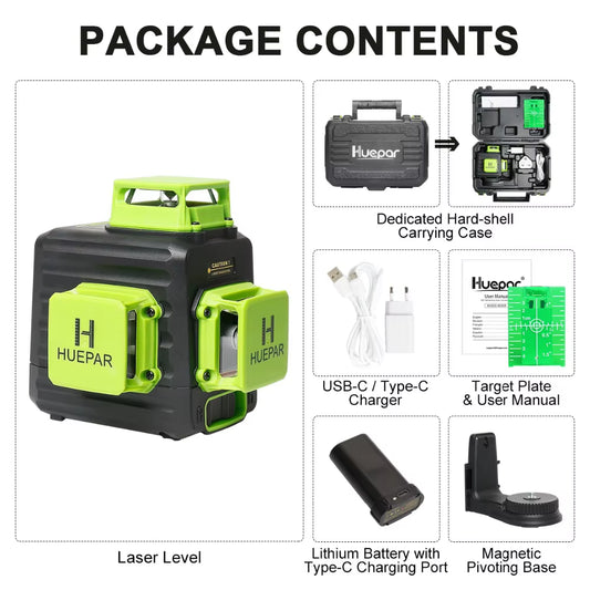 B03CG 12 Lines Laser Level 3D Self Leveling High Brightness Green Horizontal and Vertical Cross Line Laser with Hard Case