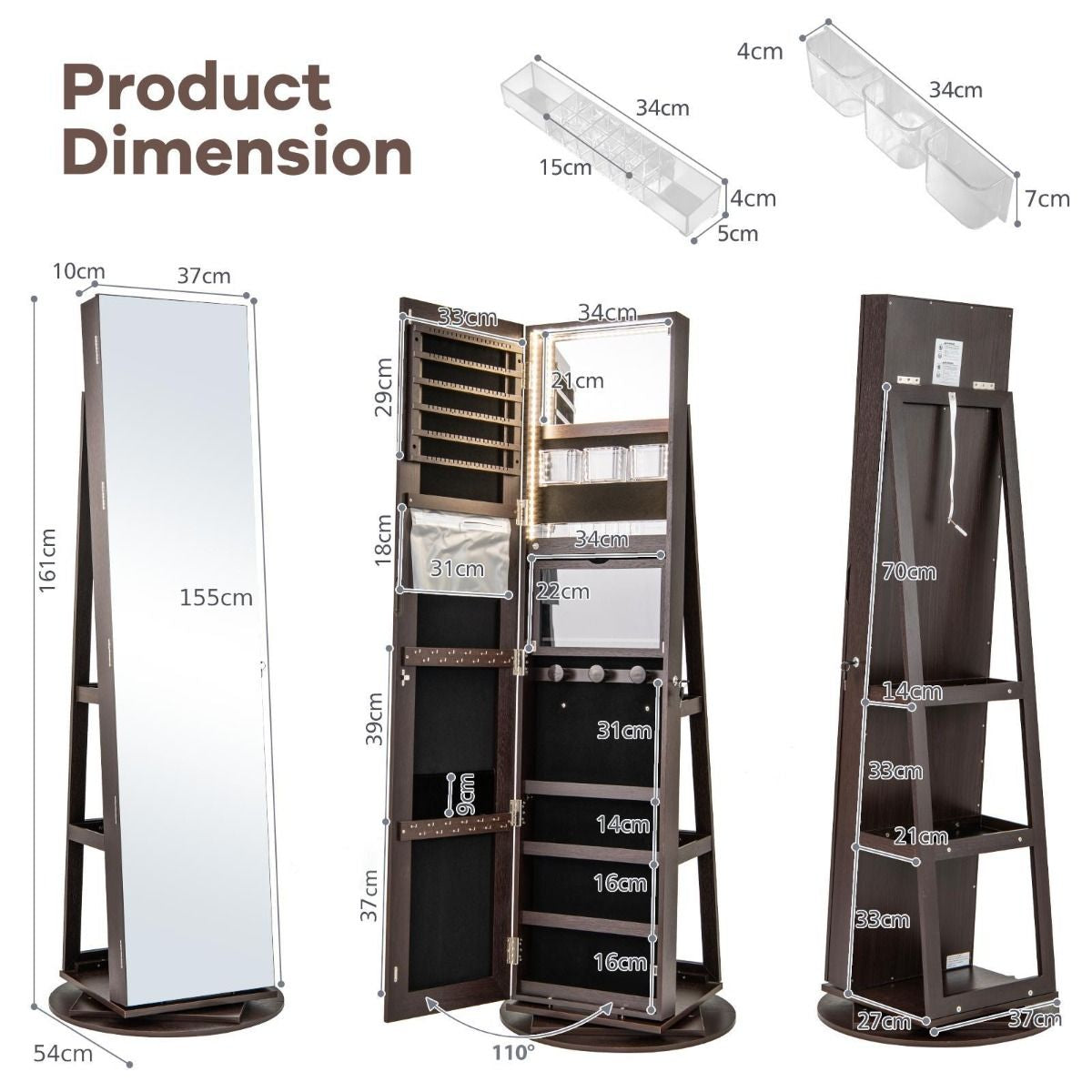 360-Degree Mirrored Jewelry Armoire with 3-Color Auto-On LED Lights