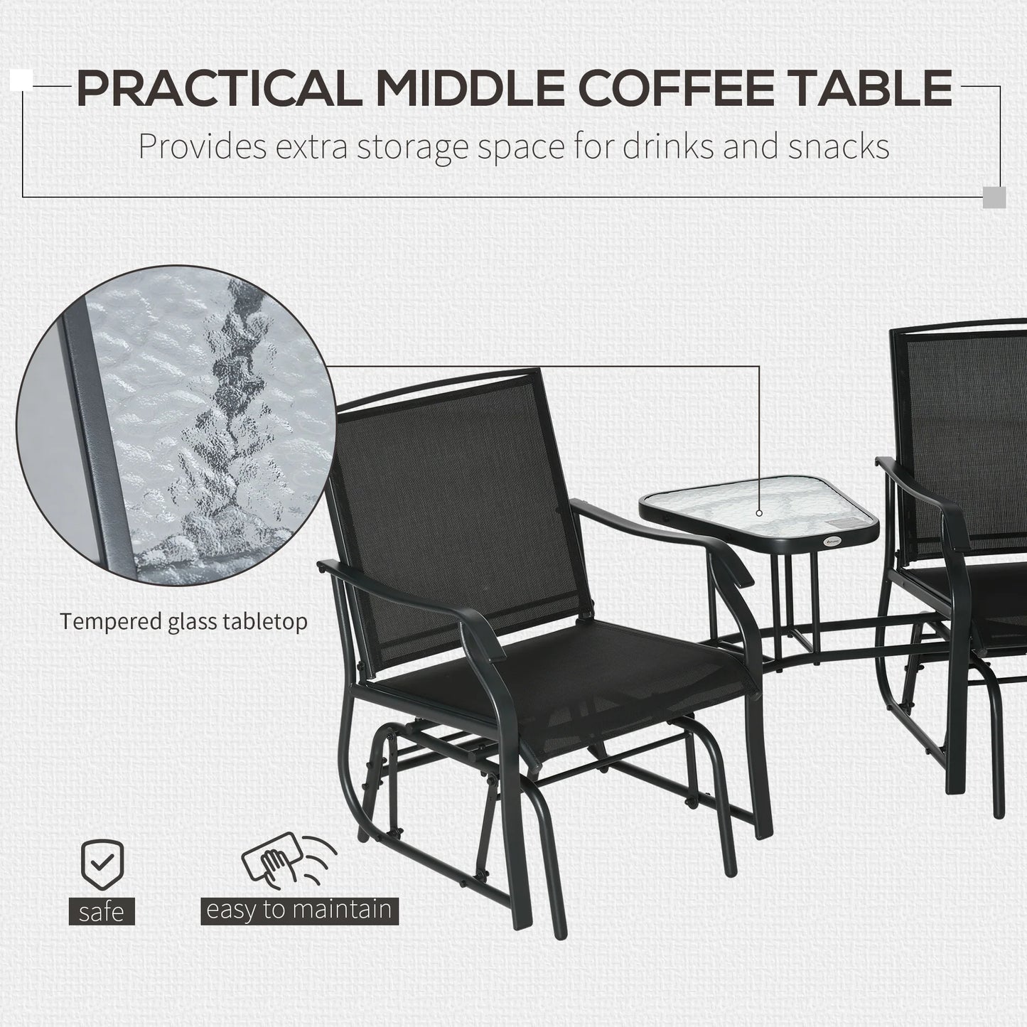 Black Double Glider Rocking Chair Loveseat with Garden Table