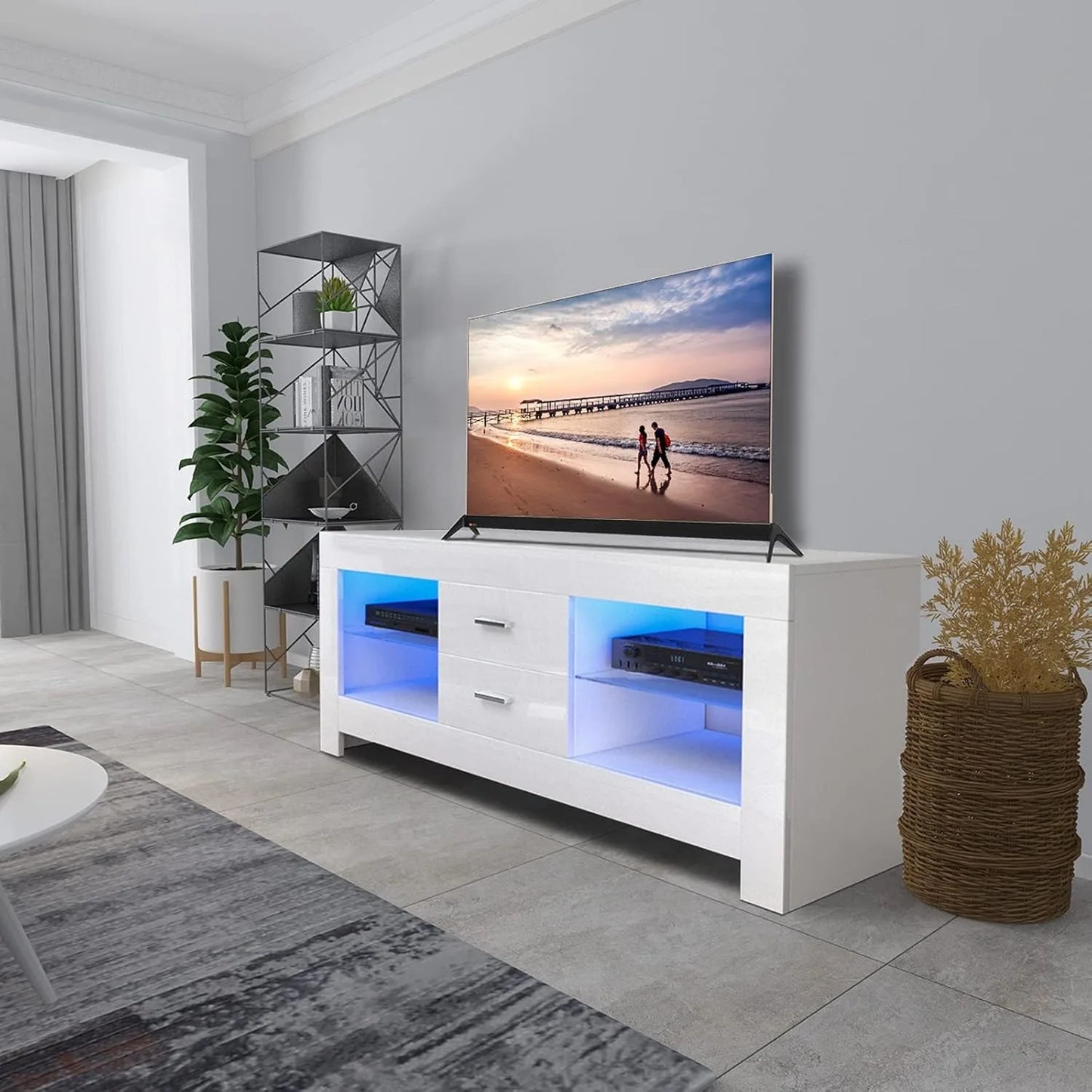 LED TV Stand Cabinet with Drawer and Shelves, 130Cm Modern TV Stand with Lights for 22"-52" Tvs for Living Room, White Cream