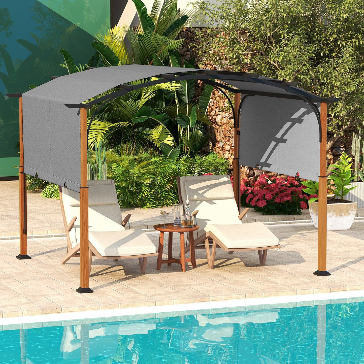 300 X 360 Cm Retractable Pergola Arched Patio Pergola with Sun Shade Canopy