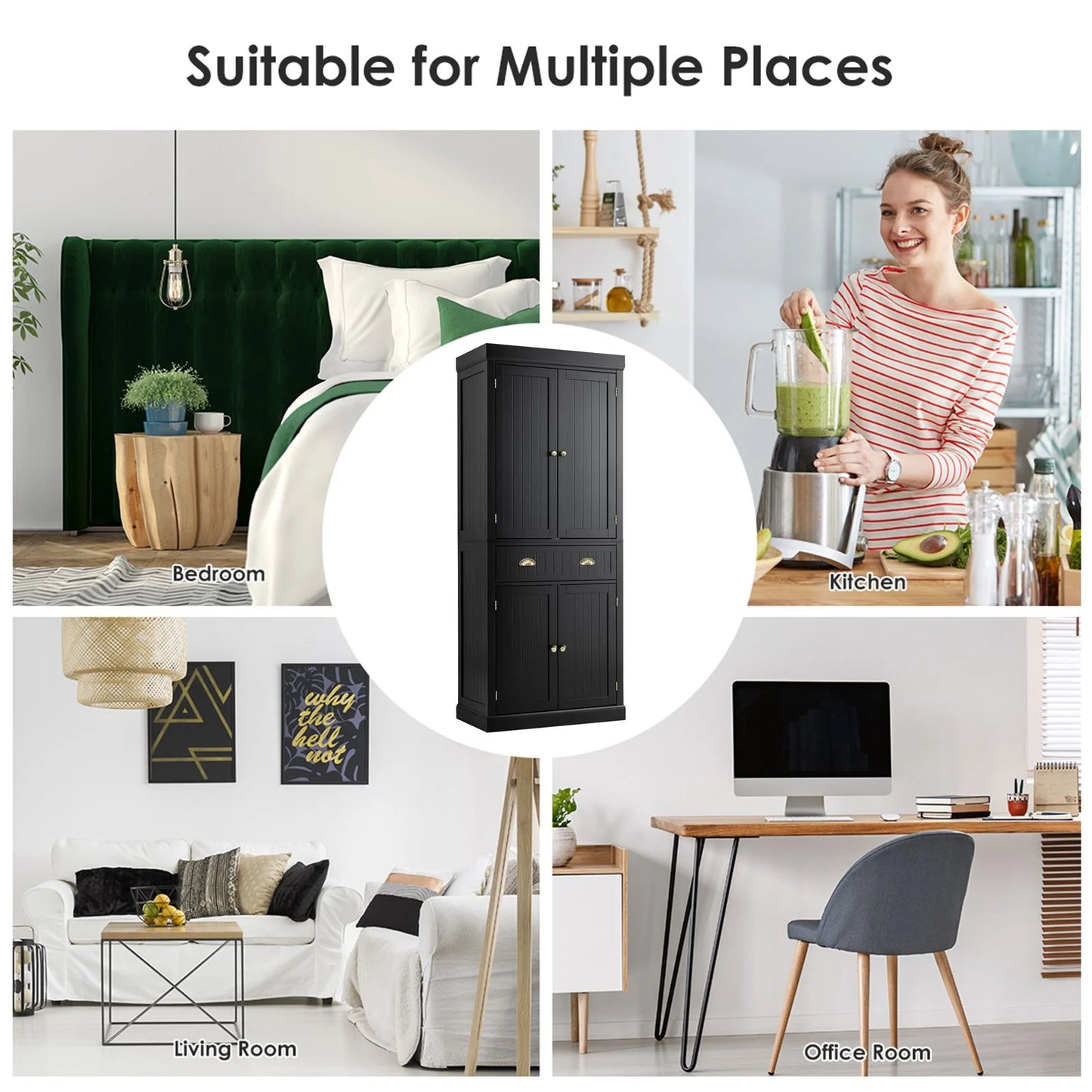 4-Door Tall Kitchen Cupboard Adjustable Shelves and Drawer