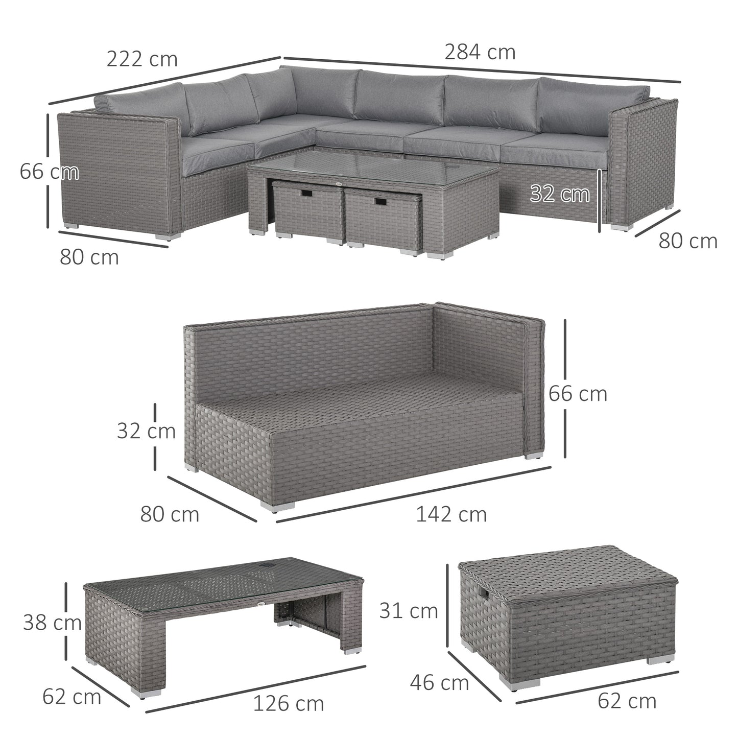 6-Piece PE Rattan Wicker Corner Sofa Set with Coffee Table & Footstool, Grey