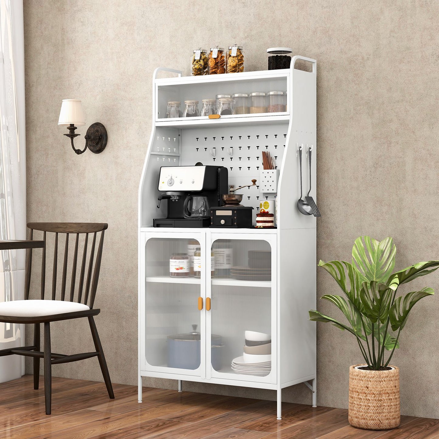 Kitchen Pantry Storage Cabinet Freestanding Baker Rack with Pegboard