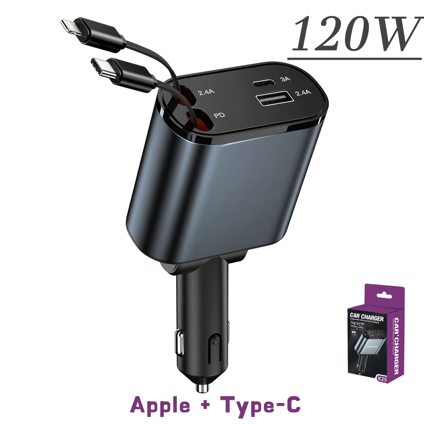 Ultimate 4-in-1 Retractable Car Charger with USB PD Type C Cable for Lightning-Fast iPhone Charging & QC Adapter