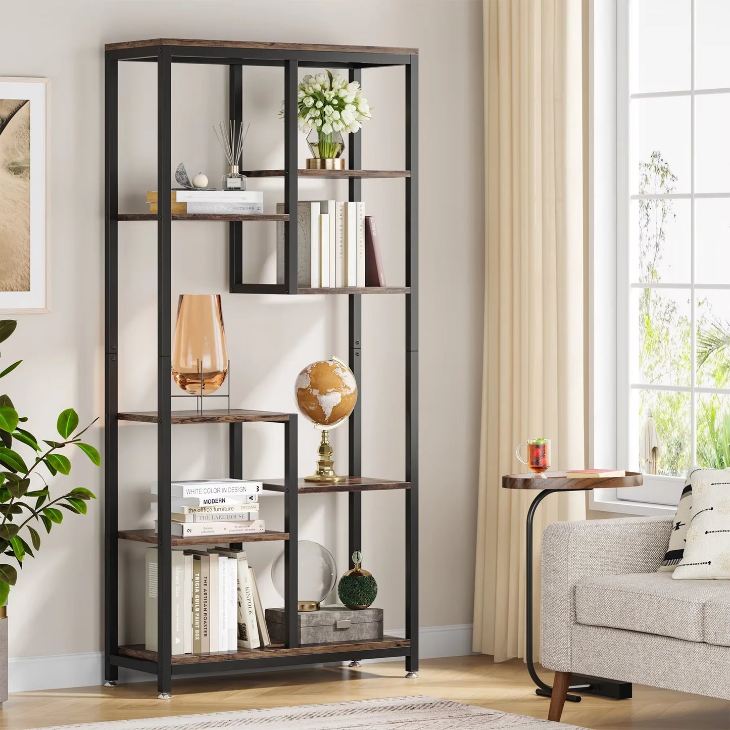 6-Tier Tall Bookshelf Bookcase, Industrial 8-Shelf Open Bookcase Storage Display Book Shelves