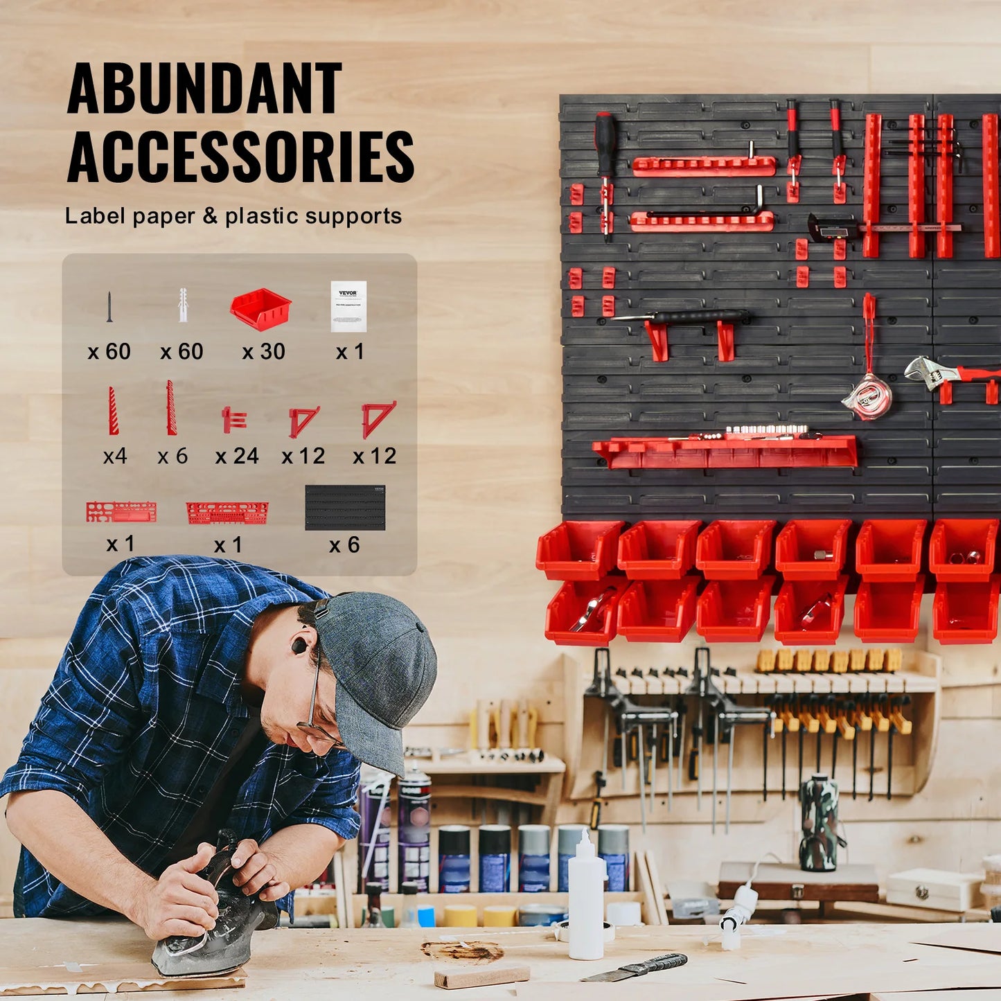 Wall Mounted Storage Bins 30/48-Bin Parts Rack Organizer Garage with Wall Panels Hooks Plastic Shop Tool for Screw Nails